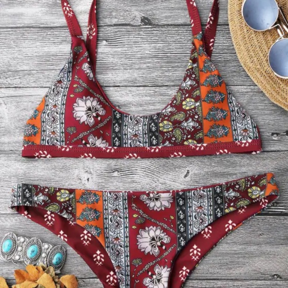 Patchwork Print Bralette Scoop Bikini Set